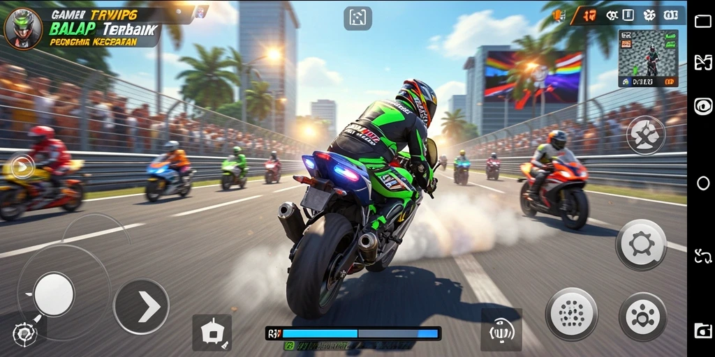 Screenshot utama RPVIP6 menampilkan balapan motor yang mendebarkan di lintasan seru.